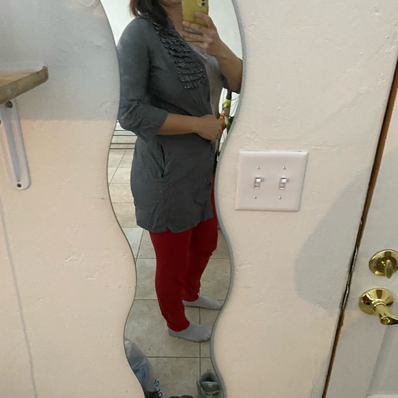 Button up dress with ruffles , 3/4 sleeve fits small to medium grey/blue - Picture 2 of 12